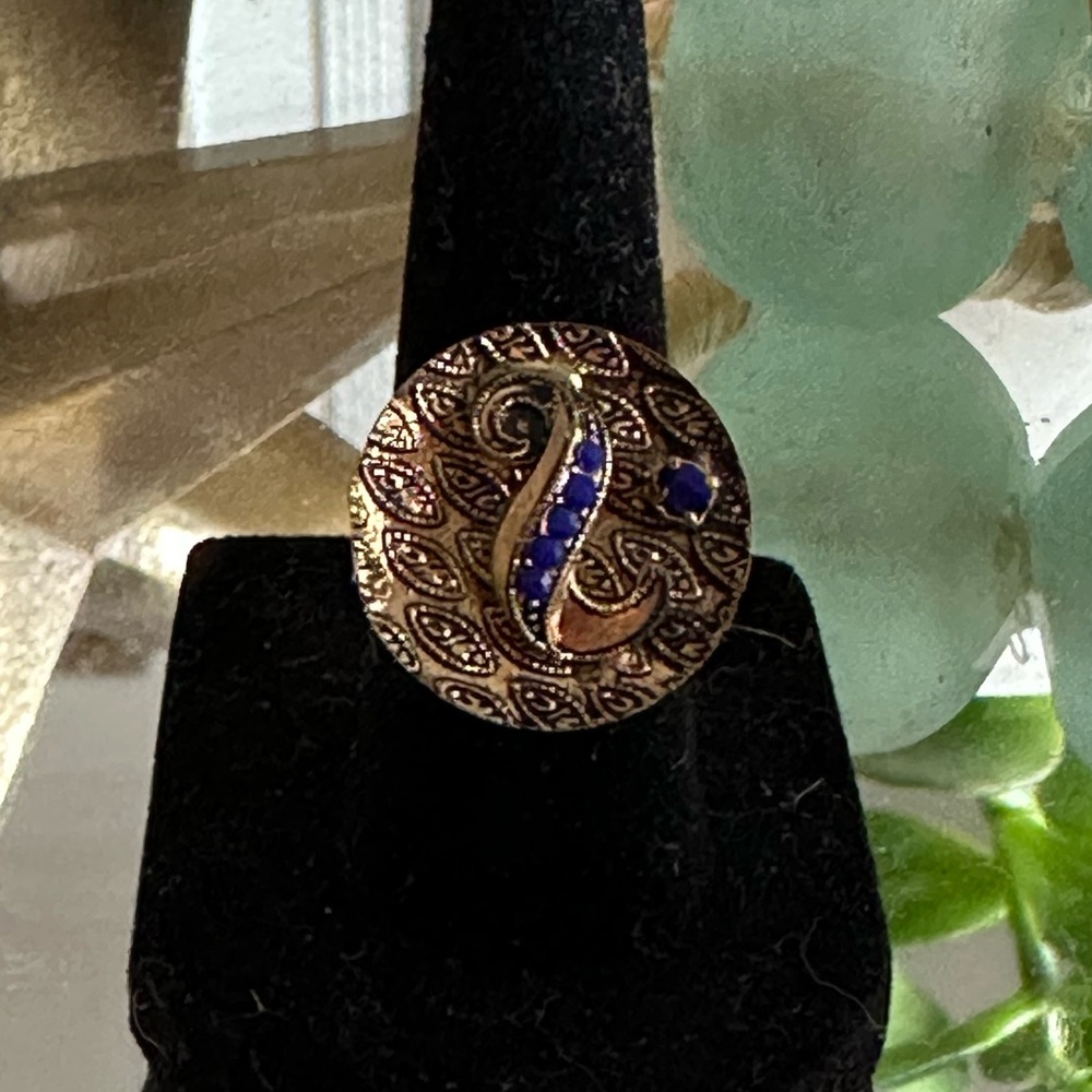 Vtg. Cobalt Glass and Brass Ring- W. Germany